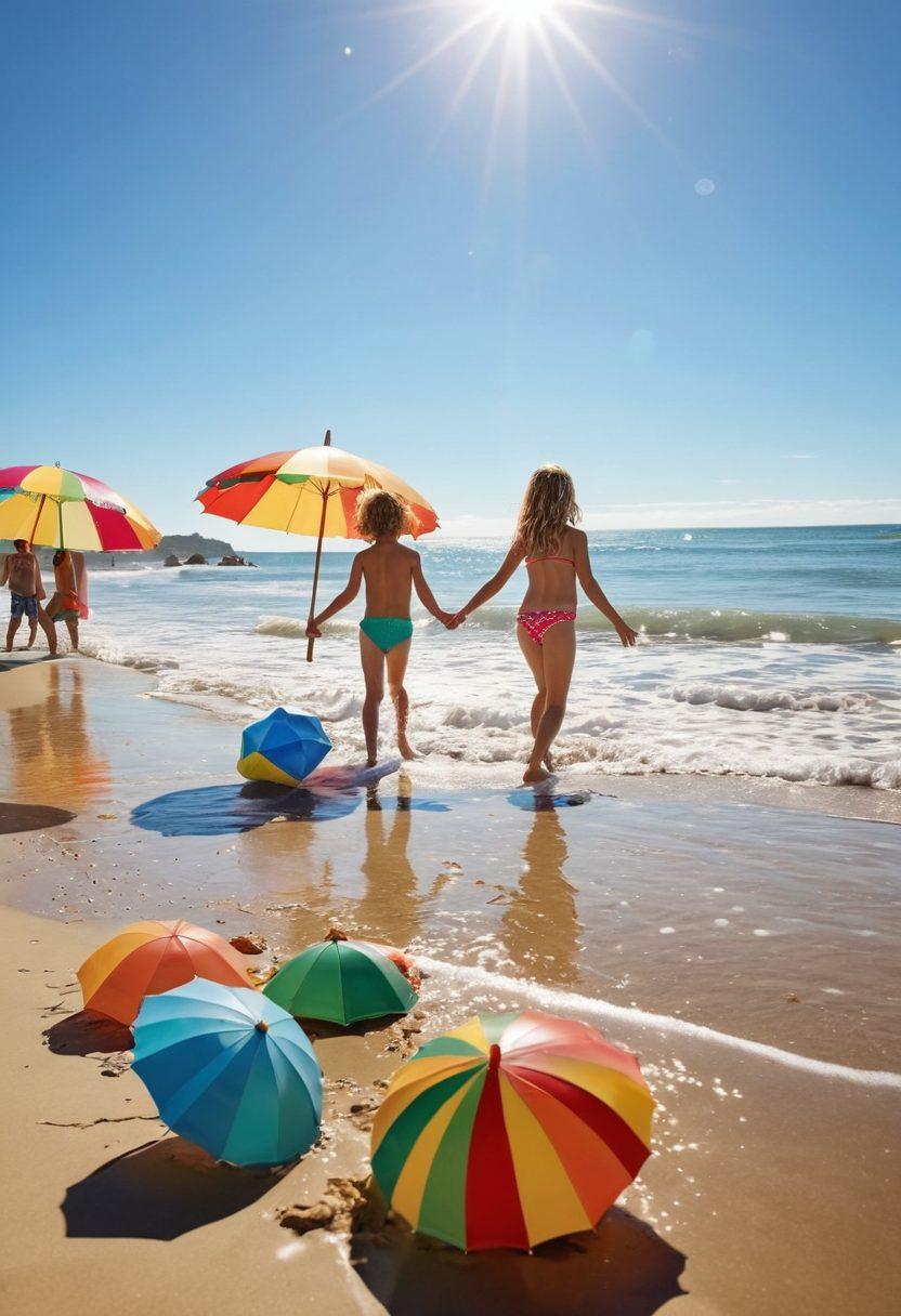 A vibrant beach scene showcasing cheerful children in colorful beachwear, splashing in the waves and building sandcastles. Include beach umbrellas, surfboards, and beach toys scattered around, with a bright sun illuminating the scene. Lively sea creatures playfully peek from the water, capturing a sense of joy and summer fun. super-realistic. vibrant colors. blue sky.