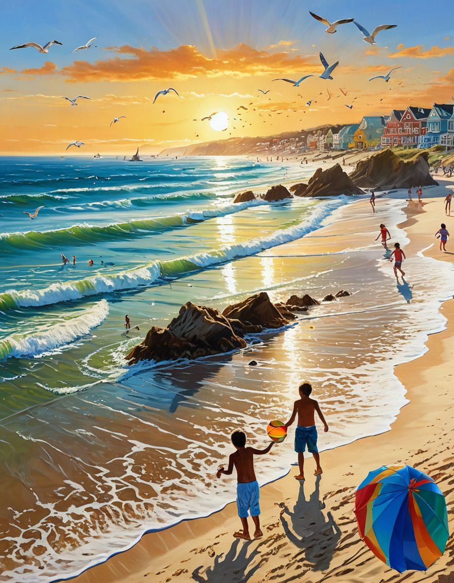 A lively beach scene filled with children joyfully participating in various outdoor activities like building sandcastles, splashing in the waves, flying kites, and playing beach volleyball. The sun shines brightly in a clear blue sky, with colorful beach umbrellas and seashells scattered across the sand. Ocean waves crash playfully in the background, while seagulls soar above. Emphasize the joy and energy of a perfect beach day for kids. vibrant colors. super-realistic.