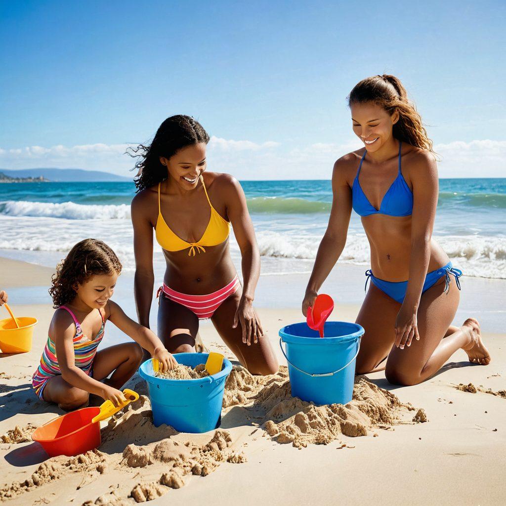 A joyful family building a sandcastle on a sunny beach, with colorful swimwear and beach accessories scattered around. In the background, playful waves lapping at the shore and children splashing in the water, capturing the essence of a fun beach day. Soft golden sand and a bright blue sky accentuate the scene. Include beach toys like buckets and shovels for added detail. vibrant colors. super-realistic.